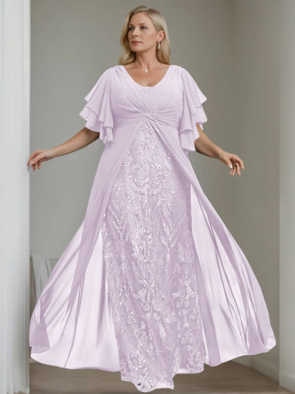 Plus Size Floor-Length Mother of the Bride A-Line Dress with V-Neck and Half Sleeves-BMbridal