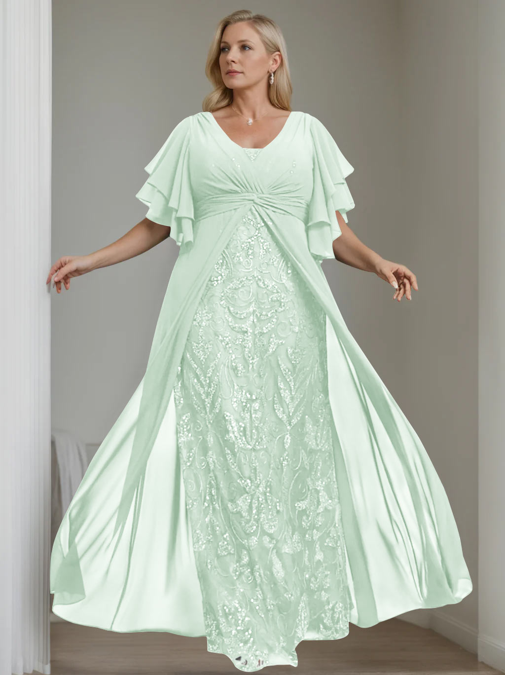 Plus Size Floor-Length Mother of the Bride A-Line Dress with V-Neck and Half Sleeves-BMbridal
