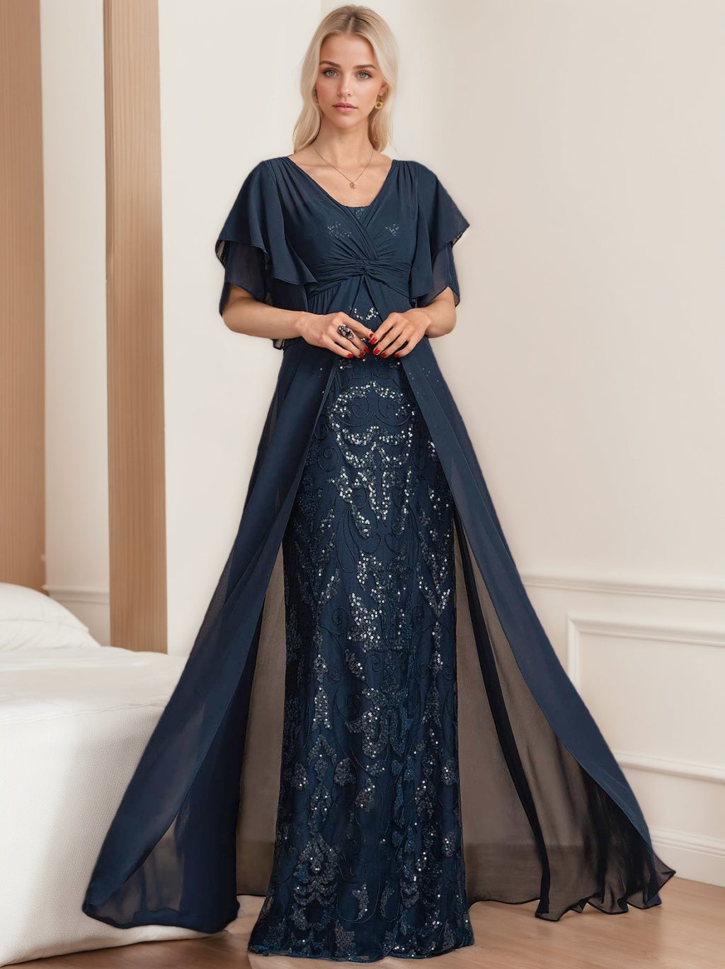 Plus Size Mother of the Bride A-Line Floor-Length Dress with V-Neck and Half Sleeves