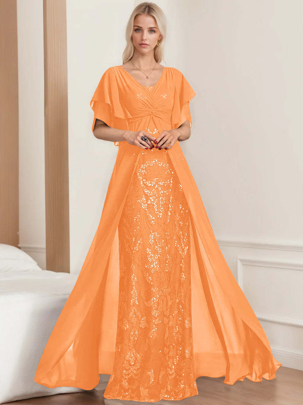 Plus Size Mother of the Bride A-Line Floor-Length Dress with V-Neck and Half Sleeves