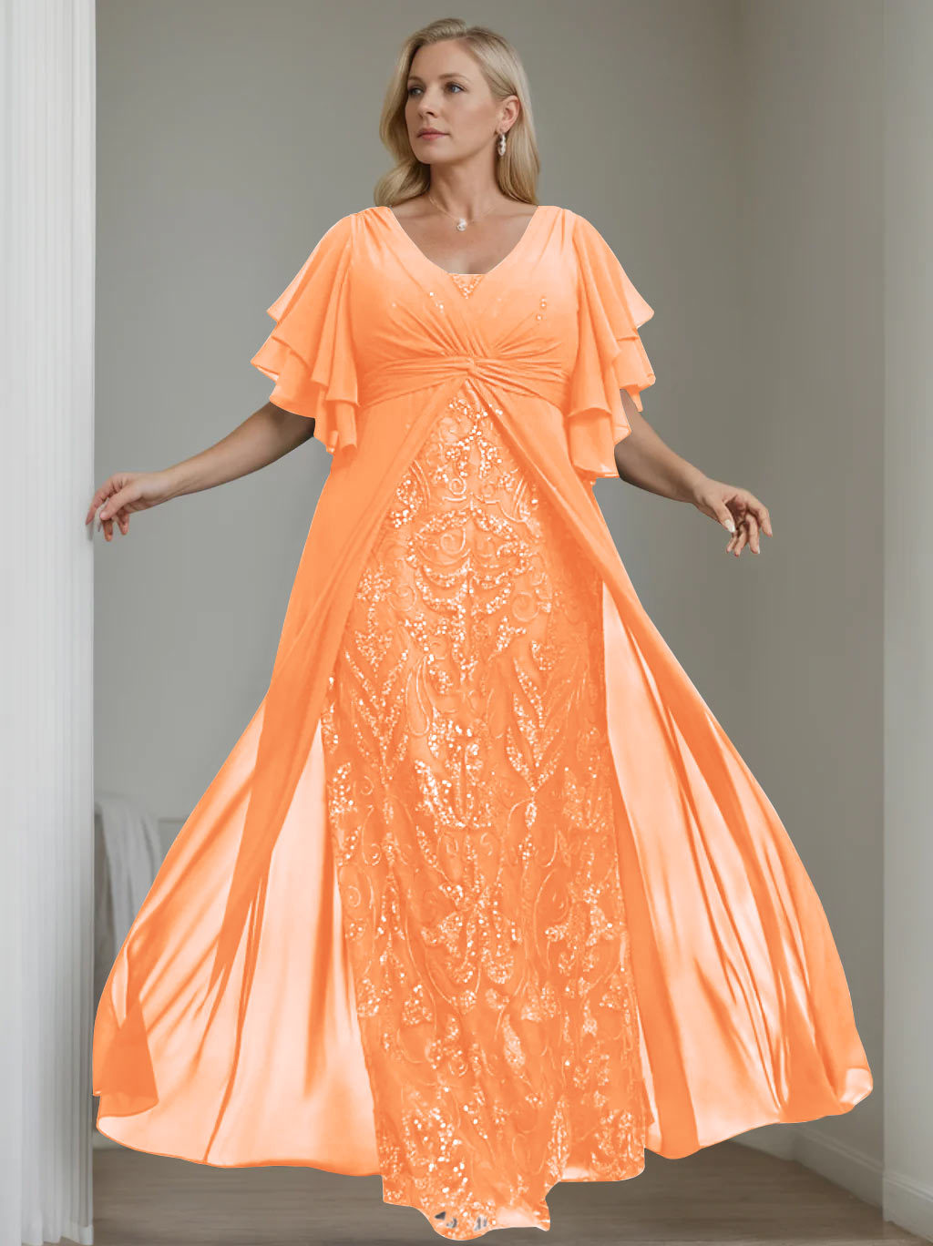 Plus Size Floor-Length Mother of the Bride A-Line Dress with V-Neck and Half Sleeves-BMbridal
