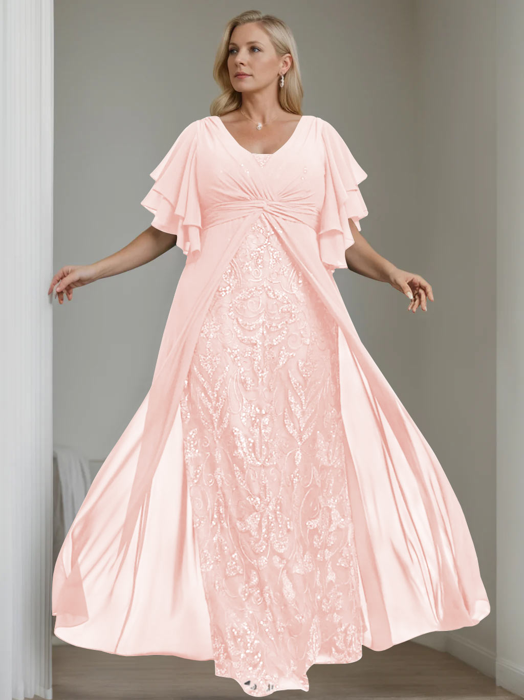 Plus Size Floor-Length Mother of the Bride A-Line Dress with V-Neck and Half Sleeves-BMbridal