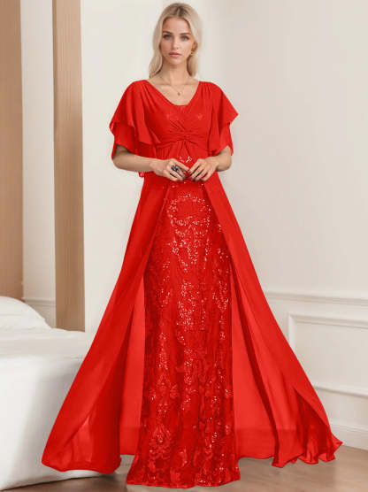 Plus Size Mother of the Bride A-Line Floor-Length Dress with V-Neck and Half Sleeves
