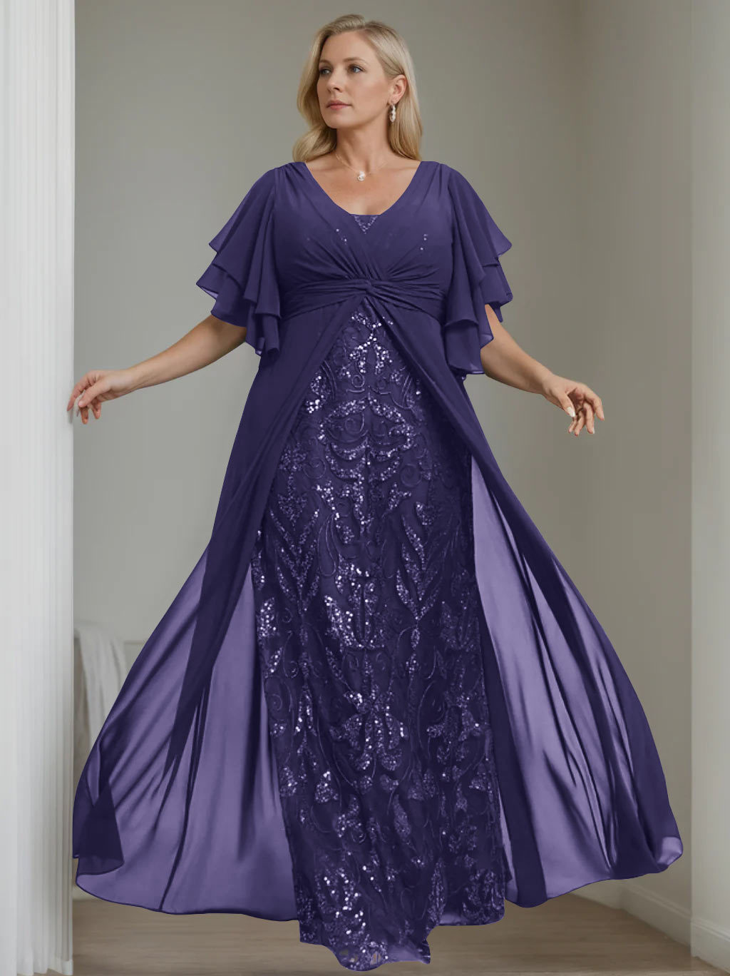 Plus Size Floor-Length Mother of the Bride A-Line Dress with V-Neck and Half Sleeves-BMbridal