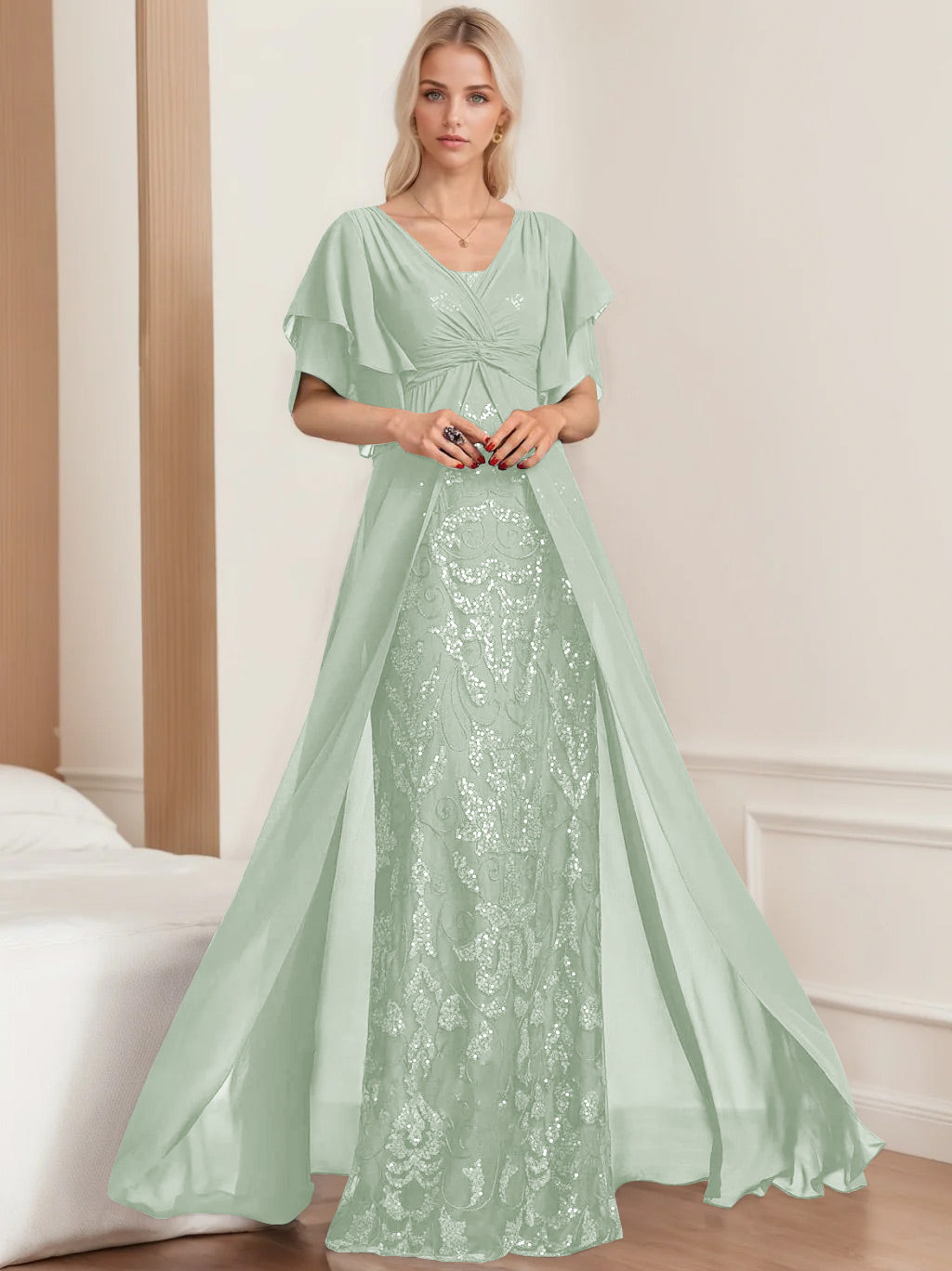 Plus Size Mother of the Bride A-Line Floor-Length Dress with V-Neck and Half Sleeves