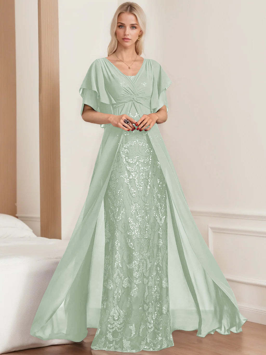 Plus Size Mother of the Bride A-Line Floor-Length Dress with V-Neck and Half Sleeves