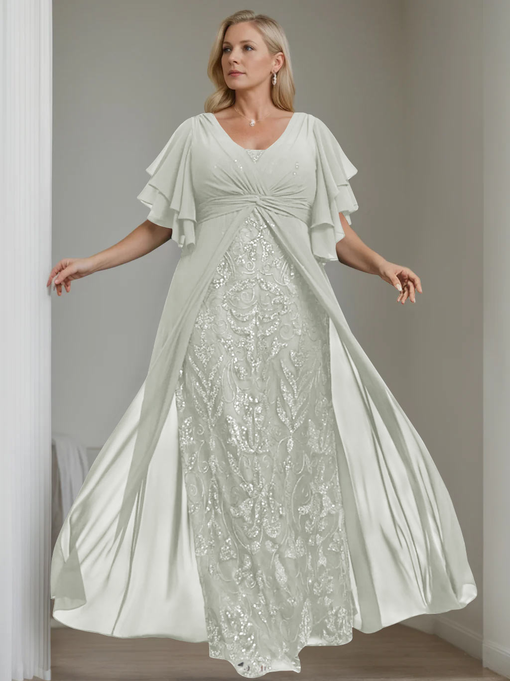 Plus Size Floor-Length Mother of the Bride A-Line Dress with V-Neck and Half Sleeves-BMbridal