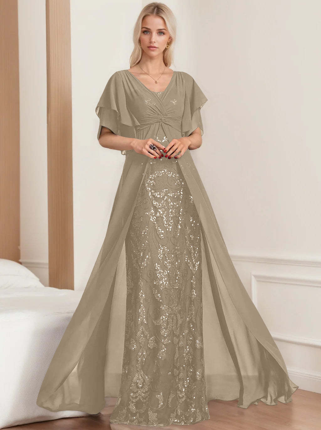 Plus Size Mother of the Bride A-Line Floor-Length Dress with V-Neck and Half Sleeves