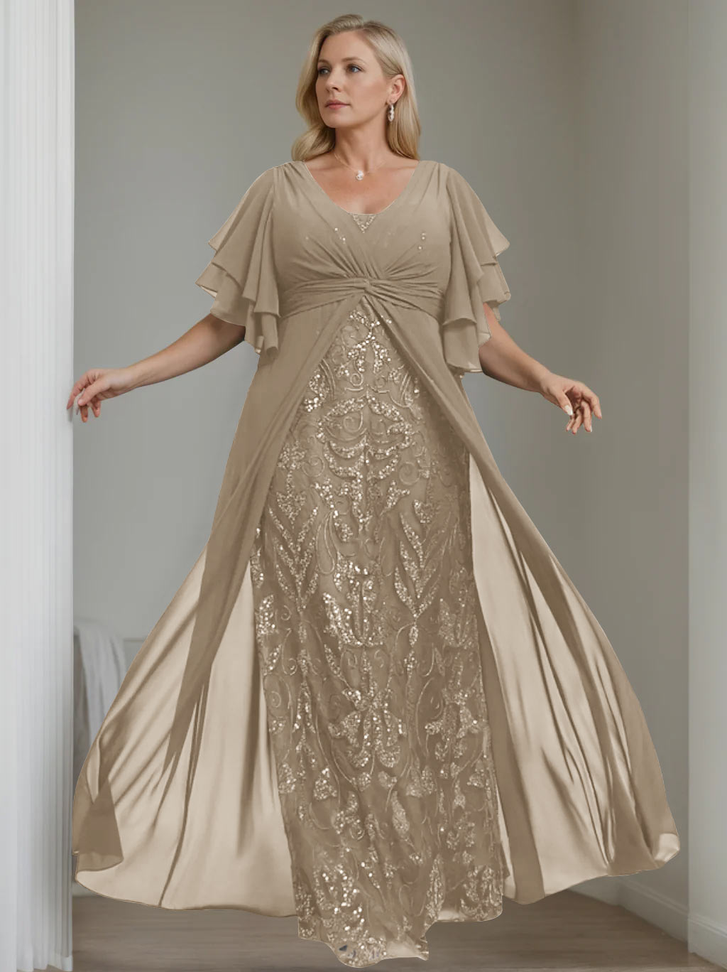 Plus Size Floor-Length Mother of the Bride A-Line Dress with V-Neck and Half Sleeves-BMbridal