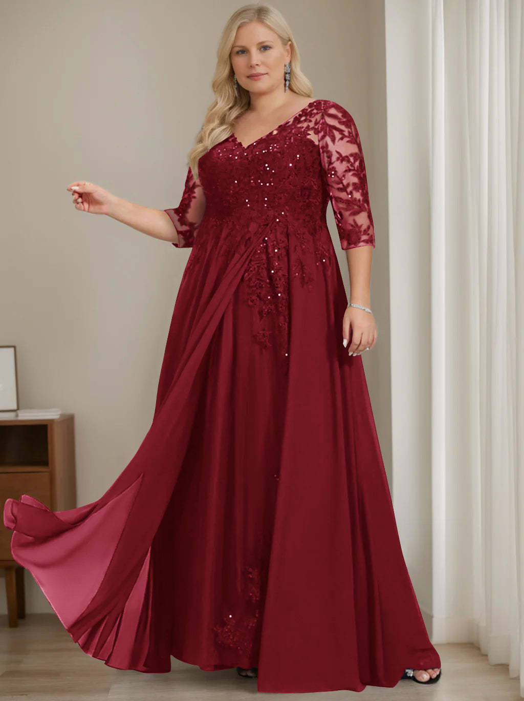 Plus Size V-Neck A-Line Princess Floor-Length Mother of the Bride Dress with Half Sleeves and Sequins-BMbridal