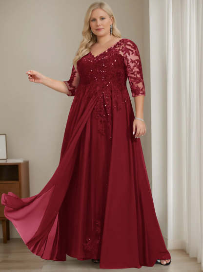 Plus Size V-Neck A-Line Princess Floor-Length Mother of the Bride Dress with Half Sleeves and Sequins-BMbridal