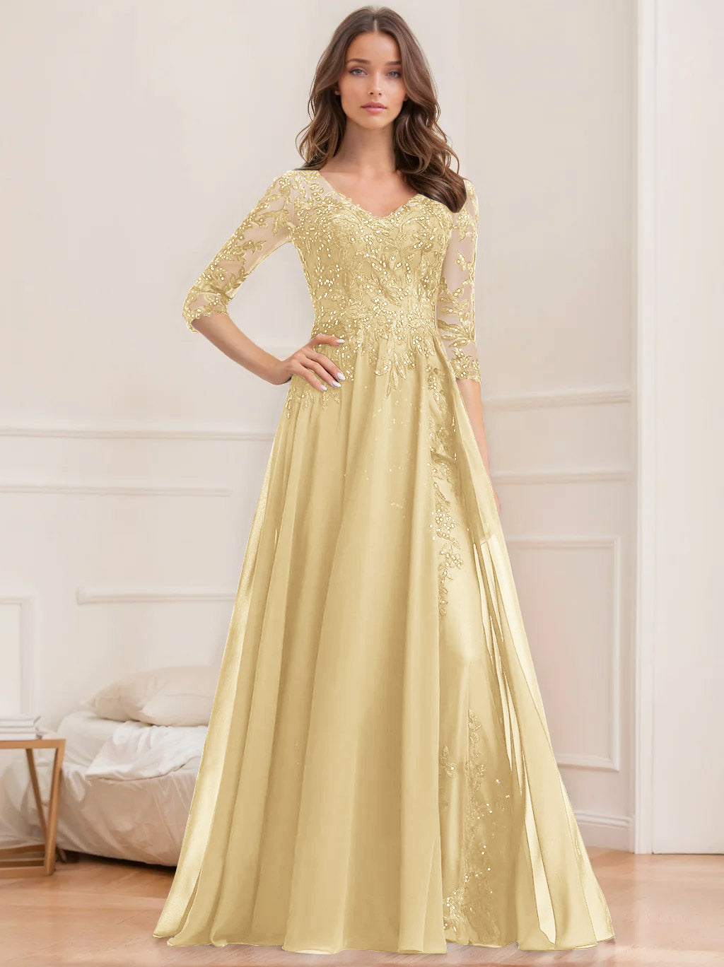 Floor-Length V-Neck A-Line Princess Mother of the Bride Dresses with Half Sleeves and Sequins