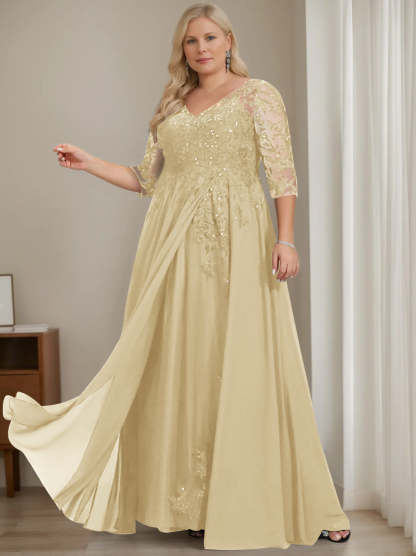 Plus Size V-Neck A-Line Princess Floor-Length Mother of the Bride Dress with Half Sleeves and Sequins-BMbridal
