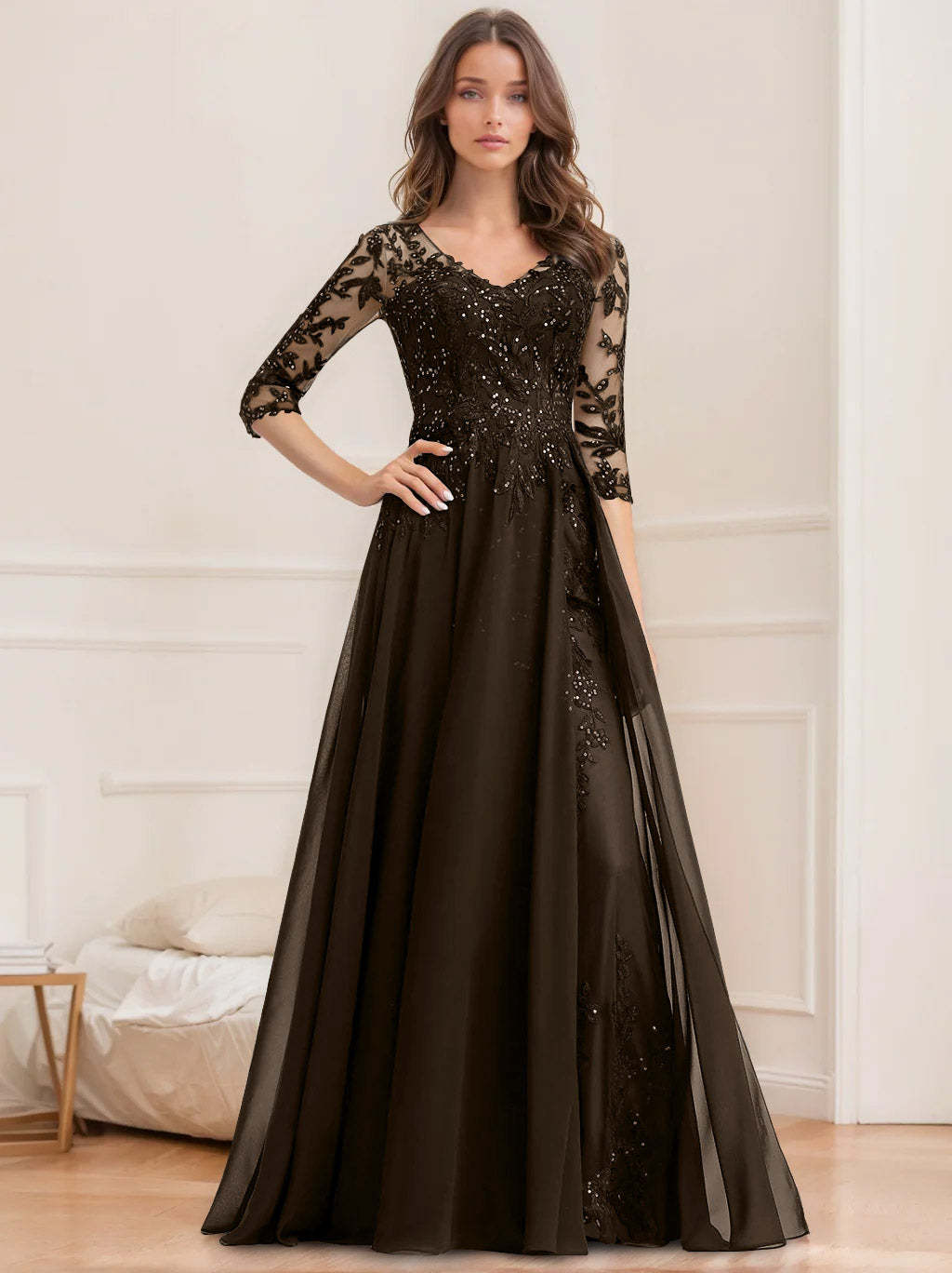 Floor-Length V-Neck A-Line Princess Mother of the Bride Dresses with Half Sleeves and Sequins
