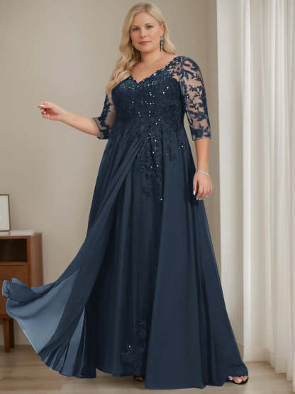 Floor-Length V-Neck A-Line Princess Mother of the Bride Dresses with Half Sleeves and Sequins