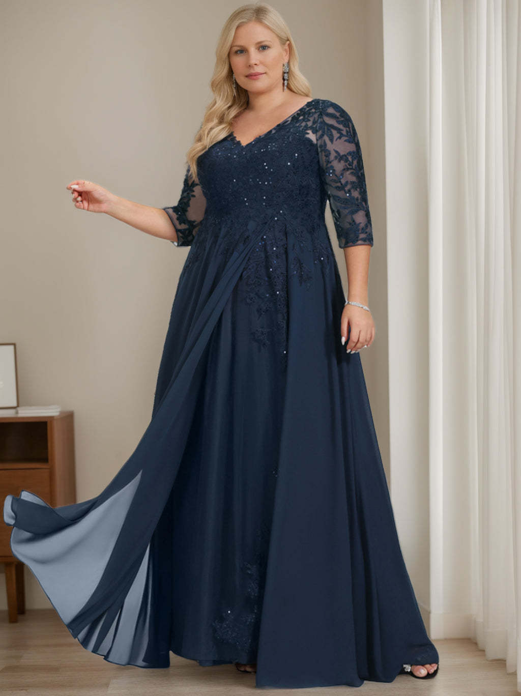 Plus Size V-Neck A-Line Princess Floor-Length Mother of the Bride Dress with Half Sleeves and Sequins-BMbridal
