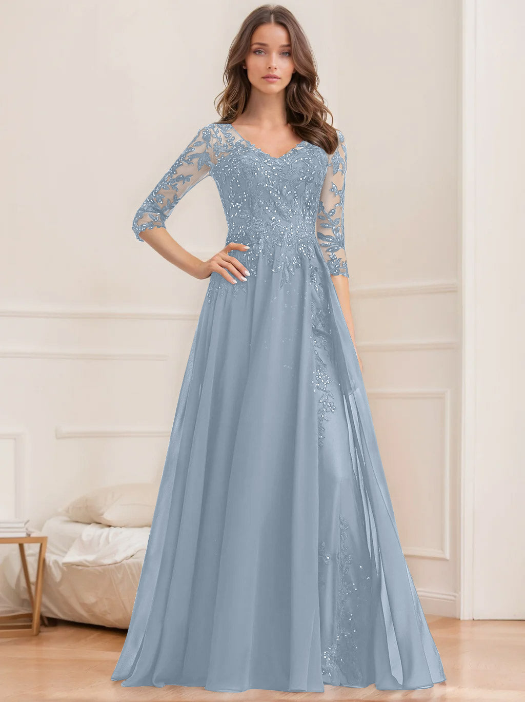 Floor-Length V-Neck A-Line Princess Mother of the Bride Dresses with Half Sleeves and Sequins
