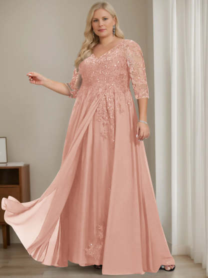 Plus Size V-Neck A-Line Princess Floor-Length Mother of the Bride Dress with Half Sleeves and Sequins-BMbridal