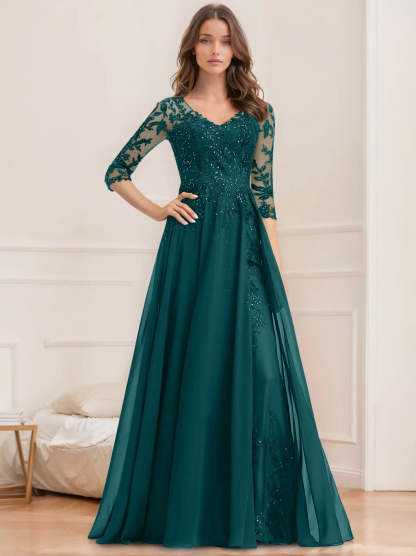 Floor-Length V-Neck A-Line Princess Mother of the Bride Dresses with Half Sleeves and Sequins