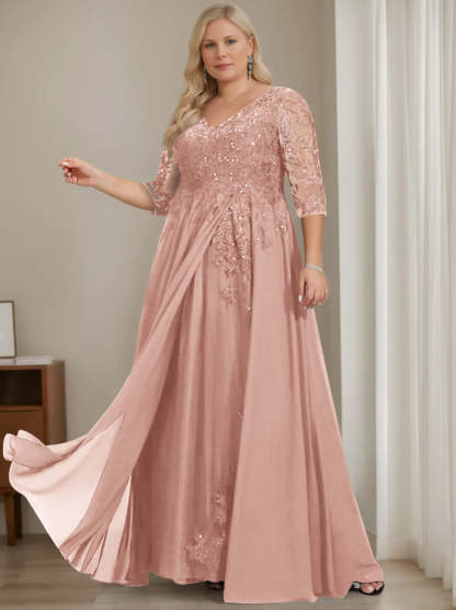 Plus Size V-Neck A-Line Princess Floor-Length Mother of the Bride Dress with Half Sleeves and Sequins-BMbridal