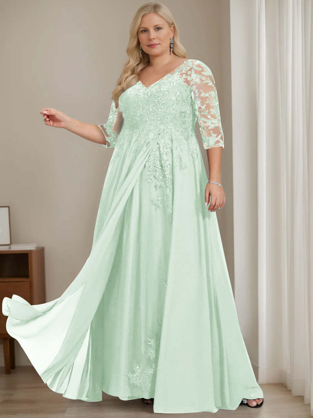 Plus Size V-Neck A-Line Princess Floor-Length Mother of the Bride Dress with Half Sleeves and Sequins-BMbridal