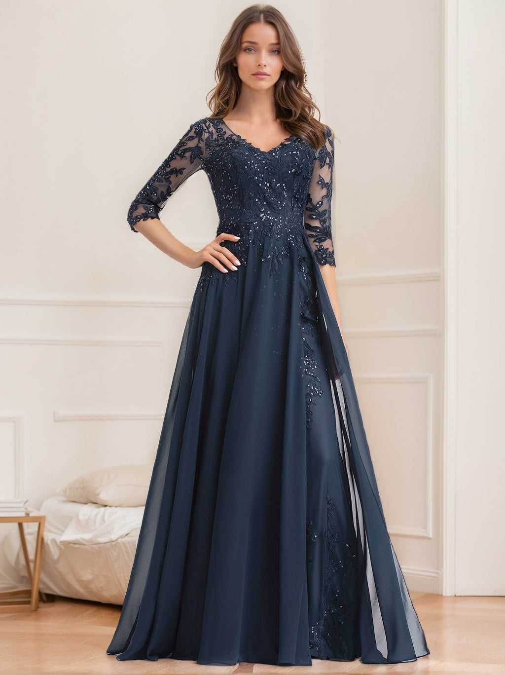Floor-Length V-Neck A-Line Princess Mother of the Bride Dresses with Half Sleeves and Sequins