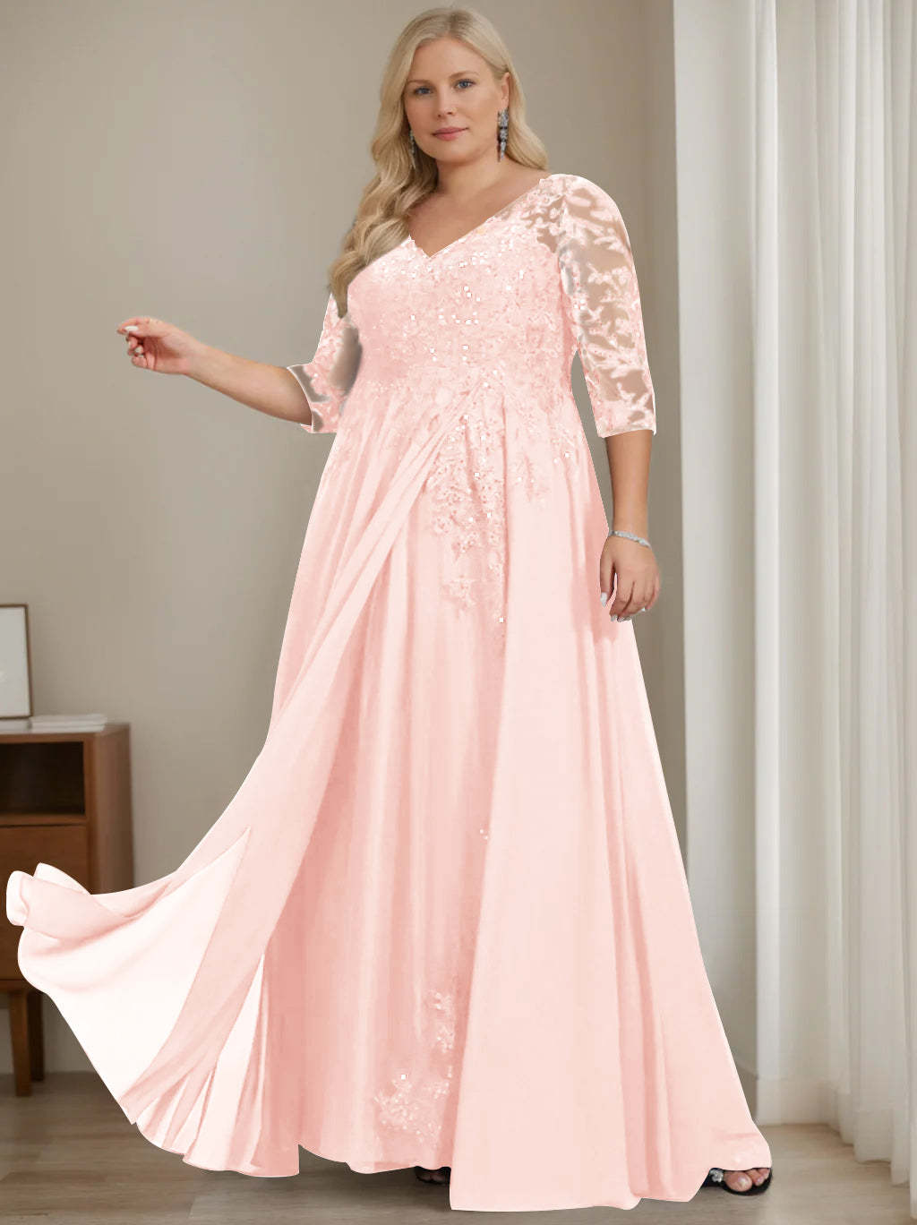 Plus Size V-Neck A-Line Princess Floor-Length Mother of the Bride Dress with Half Sleeves and Sequins-BMbridal