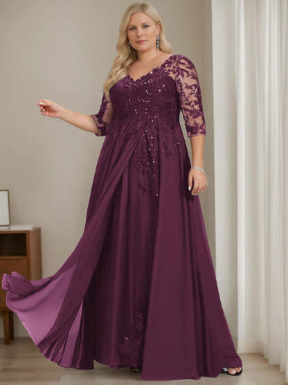 Plus Size V-Neck A-Line Princess Floor-Length Mother of the Bride Dress with Half Sleeves and Sequins-BMbridal