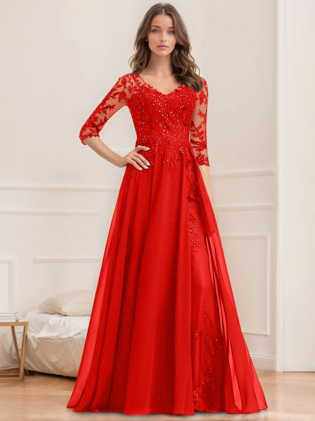 Floor-Length V-Neck A-Line Princess Mother of the Bride Dresses with Half Sleeves and Sequins