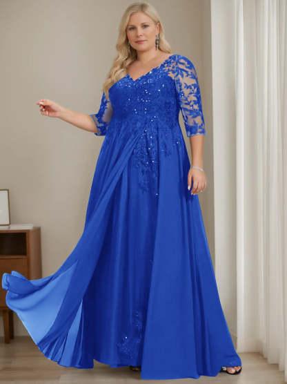 Plus Size V-Neck A-Line Princess Floor-Length Mother of the Bride Dress with Half Sleeves and Sequins-BMbridal