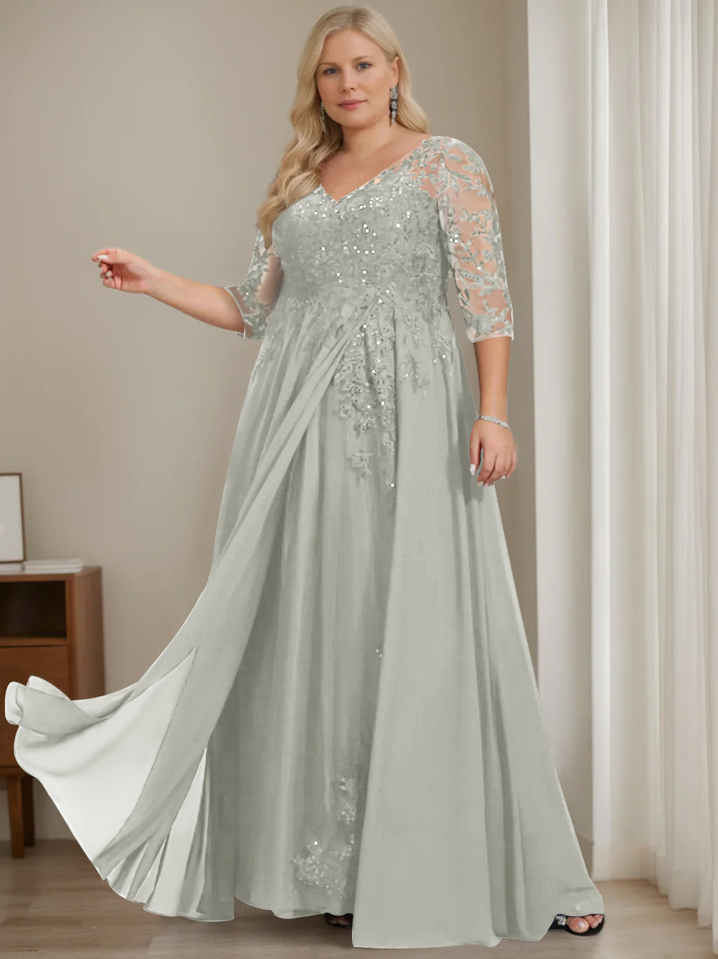 Plus Size V-Neck A-Line Princess Floor-Length Mother of the Bride Dress with Half Sleeves and Sequins-BMbridal