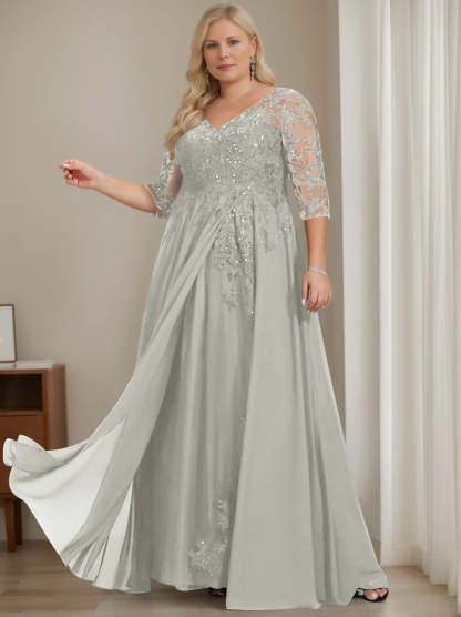 Plus Size V-Neck A-Line Princess Floor-Length Mother of the Bride Dress with Half Sleeves and Sequins-BMbridal