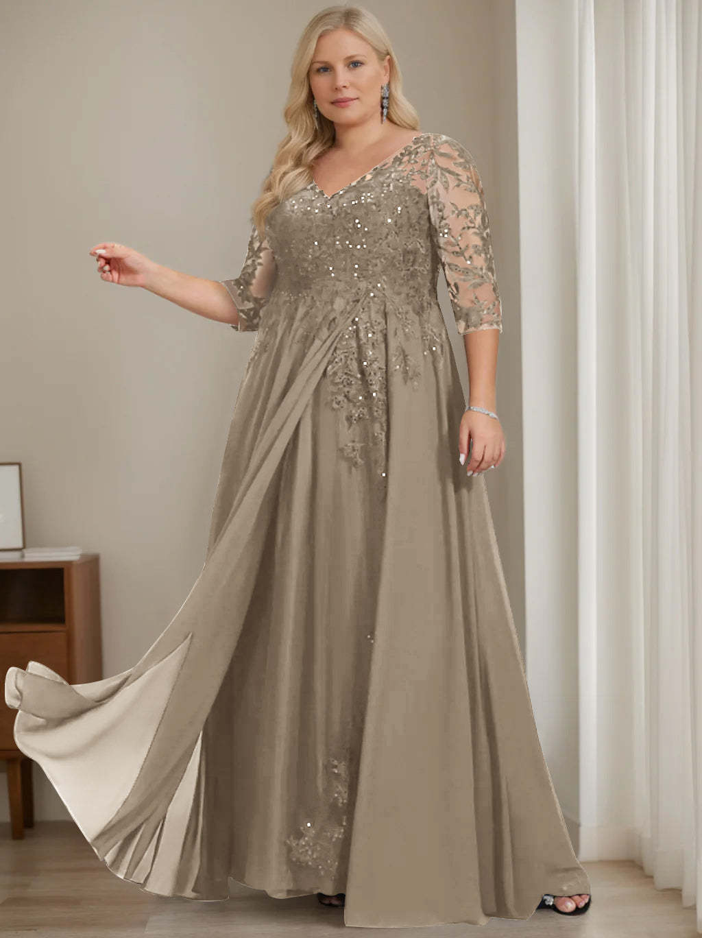 Plus Size V-Neck A-Line Princess Floor-Length Mother of the Bride Dress with Half Sleeves and Sequins-BMbridal