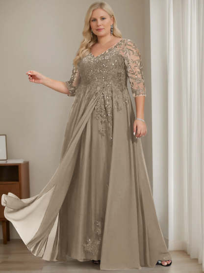 Plus Size V-Neck A-Line Princess Floor-Length Mother of the Bride Dress with Half Sleeves and Sequins-BMbridal
