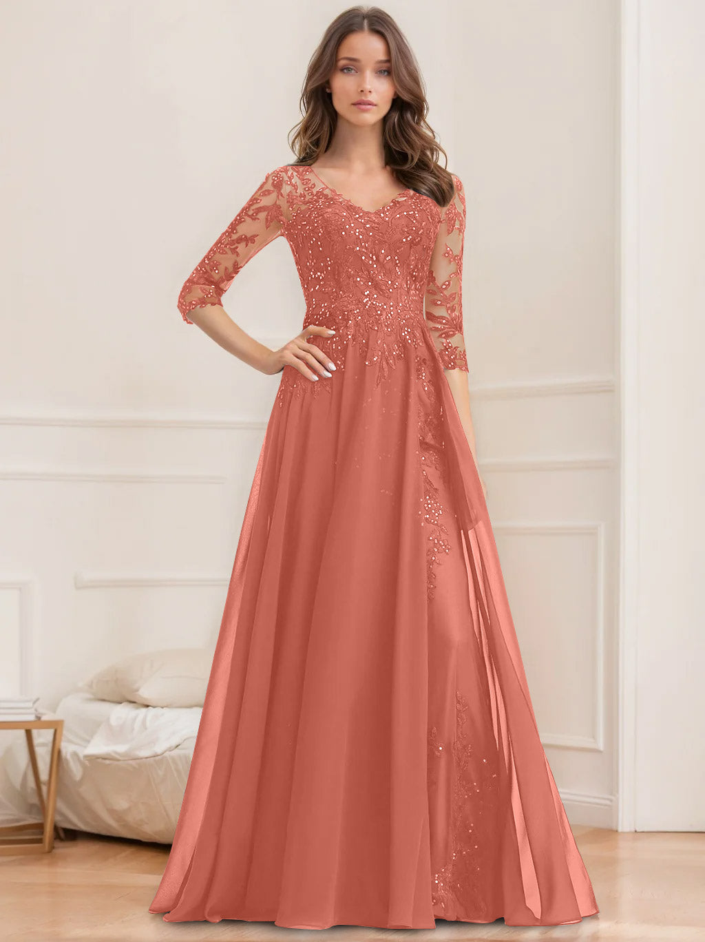 Floor-Length V-Neck A-Line Princess Mother of the Bride Dresses with Half Sleeves and Sequins