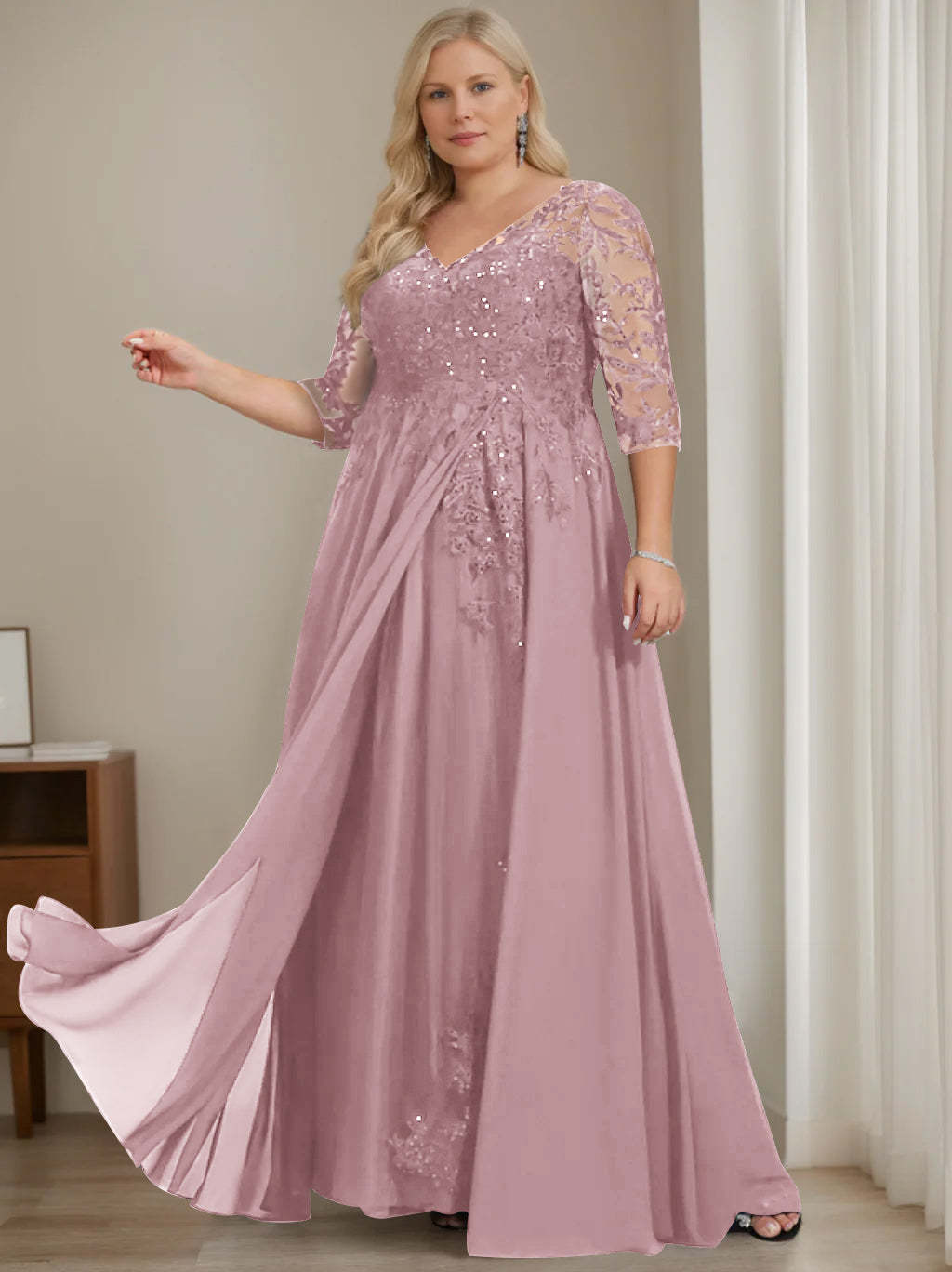 Plus Size V-Neck A-Line Princess Floor-Length Mother of the Bride Dress with Half Sleeves and Sequins-BMbridal