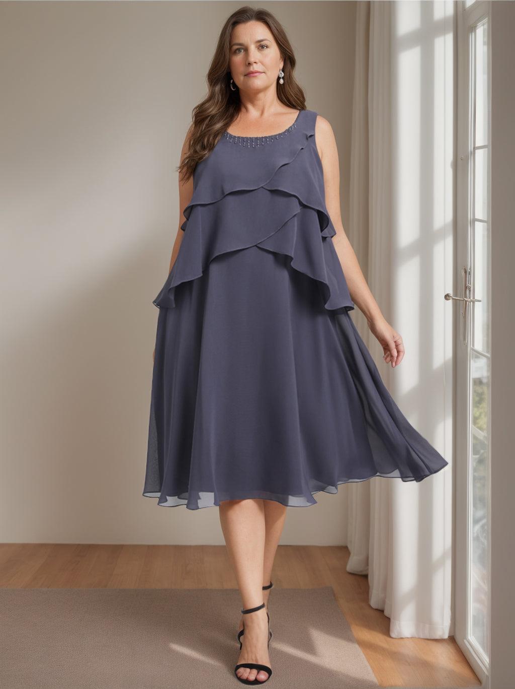Plus Size Knee-Length Mother of the Bride A-Line Dress with Scoop Neck and Beading-BMbridal