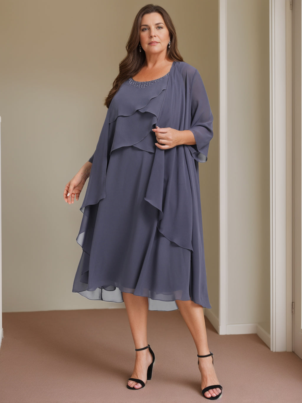 Plus Size Knee-Length Mother of the Bride A-Line Dress with Scoop Neck and Beading-BMbridal