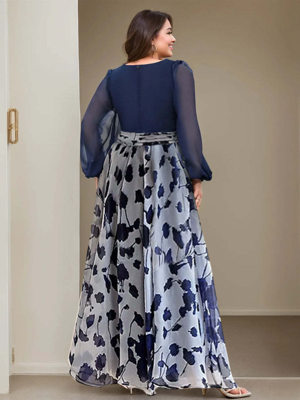 Floor-Length Floral Mother of the Bride Princess V-Neck A-Line Dress With Long Sleeves and Flower-BMbridal