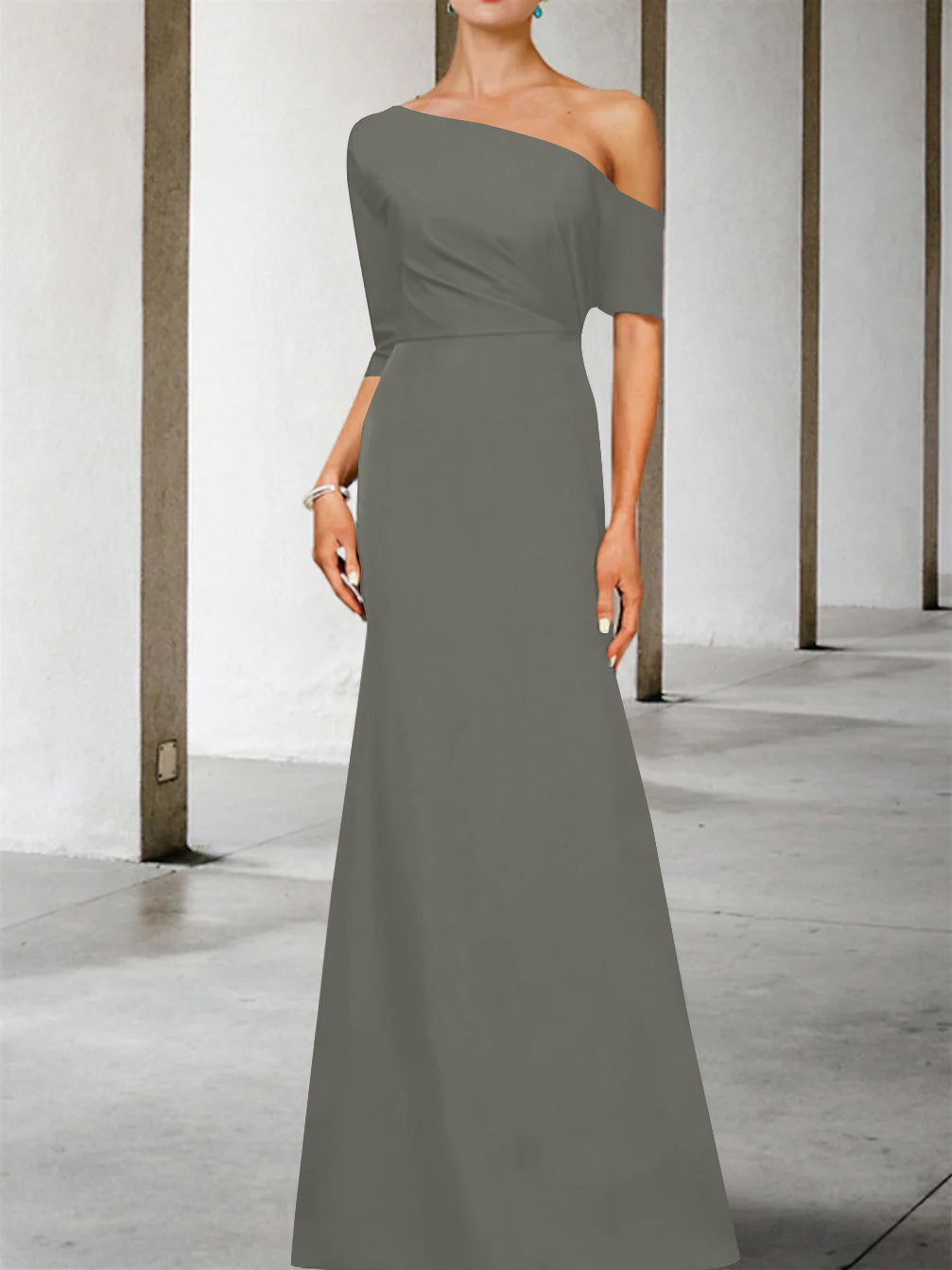 One-Shoulder A-Line Princess Gown with 3/4 Sleeves for the Mother of the Bride-BMbridal
