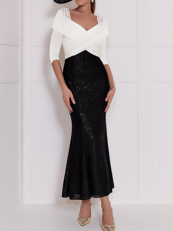 V-Neck Mermaid/Trumpet 3/4 Sleeve Ankle-Length Sequined Mother of the Bride Gown-BMbridal