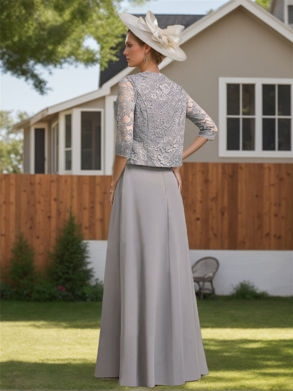Floor-Length Scoop Neck Chiffon Gown with Lace and Half Sleeves for the Mother of the Bride-BMbridal