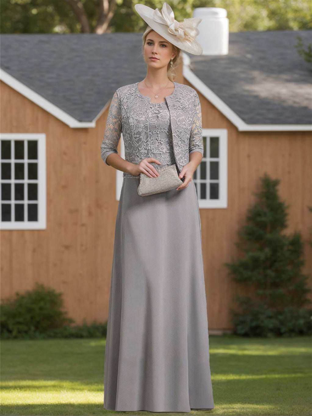 Floor-Length Scoop Neck Chiffon Gown with Lace and Half Sleeves for the Mother of the Bride-BMbridal