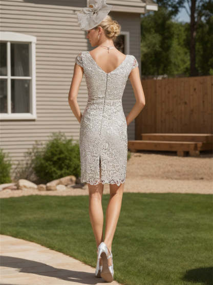 Knee-length Satin Mother of the Bride Dress with Scoop Neck and Lace Sleeves-BMbridal