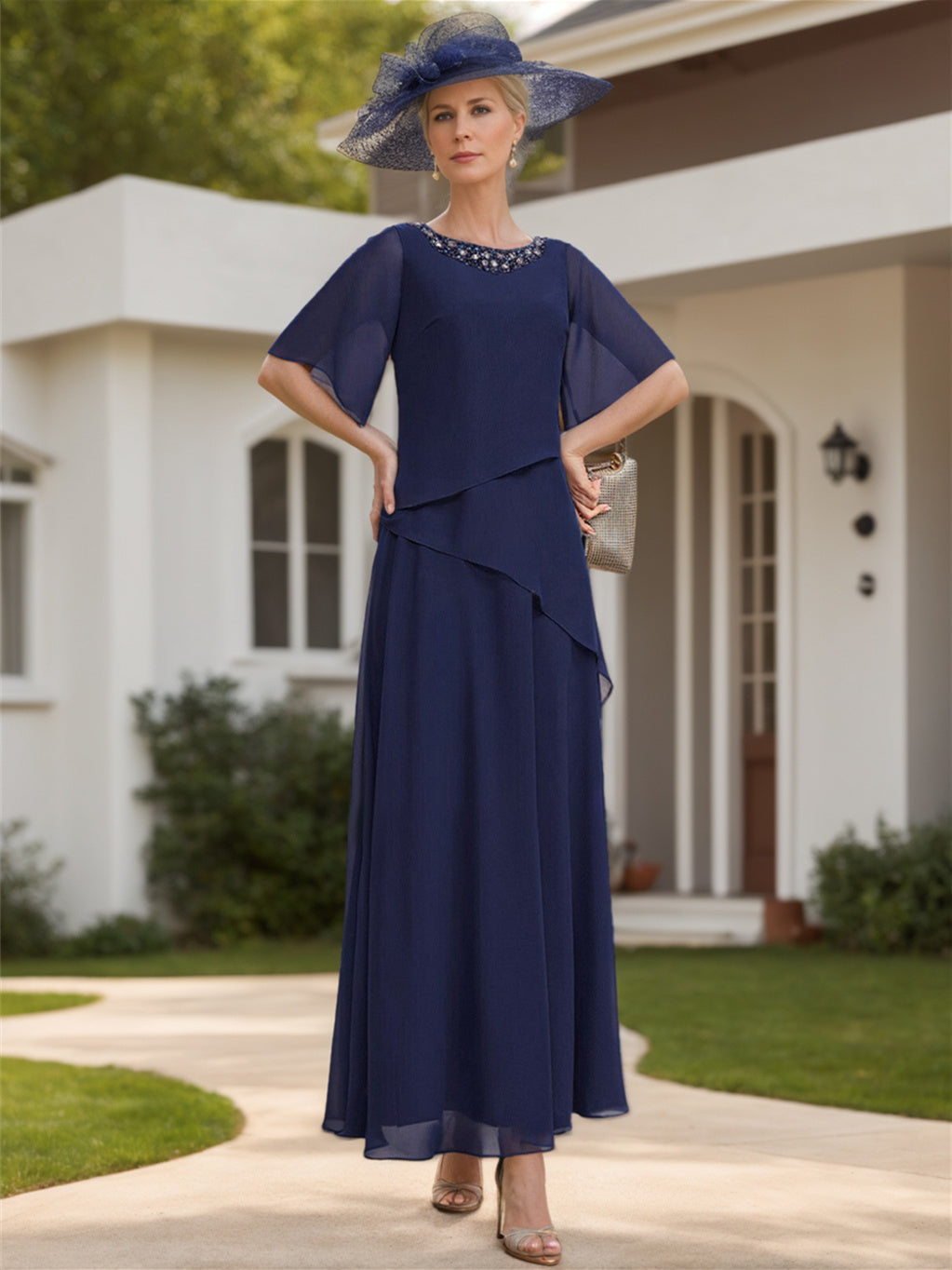 Scoop Neck Chiffon Mother of the Bride Dress with 1/2 Sleeves in A-Line/Princess Style-BMbridal