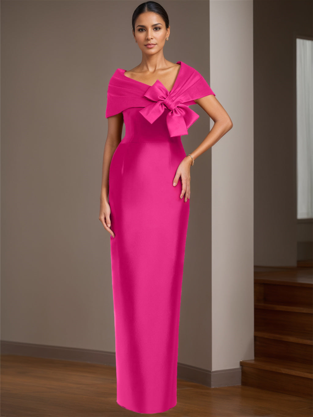 Satin Floor-Length Sleeveless Asymmetrical Bow(s) Mother of the Bride Sheath/Column Dress-BMbridal