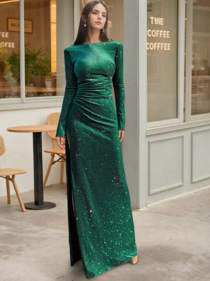 Off-the-shoulder Floor-length Sequined Mother of the Bride Gown with Long Sleeves