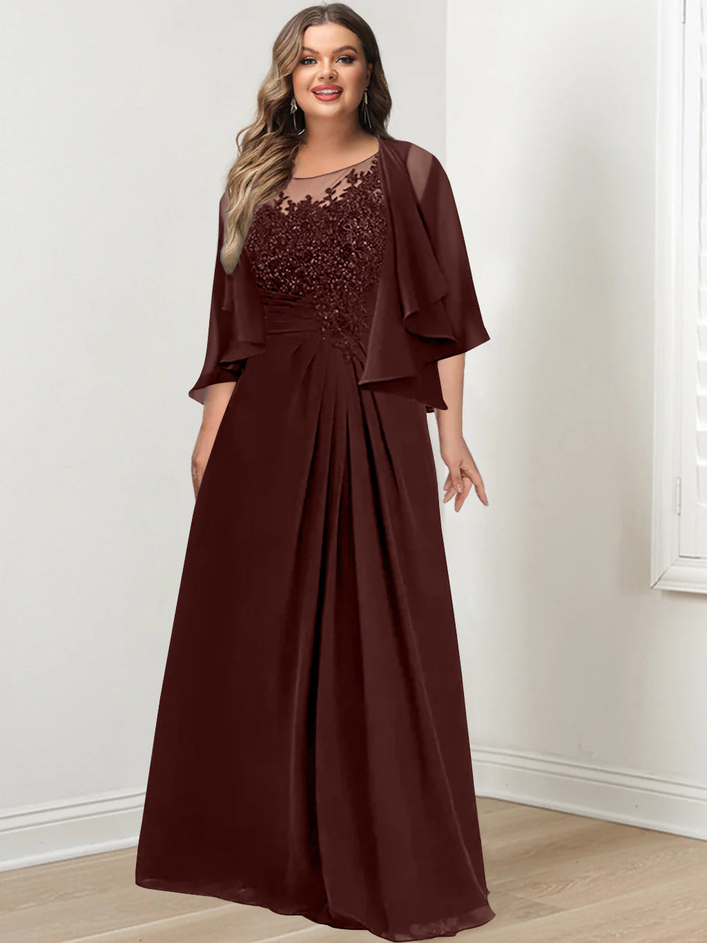 Plus Size Mother of the Bride A-Line Princess Scoop Floor-Length Dress with Pleated & Sequins-BMbridal