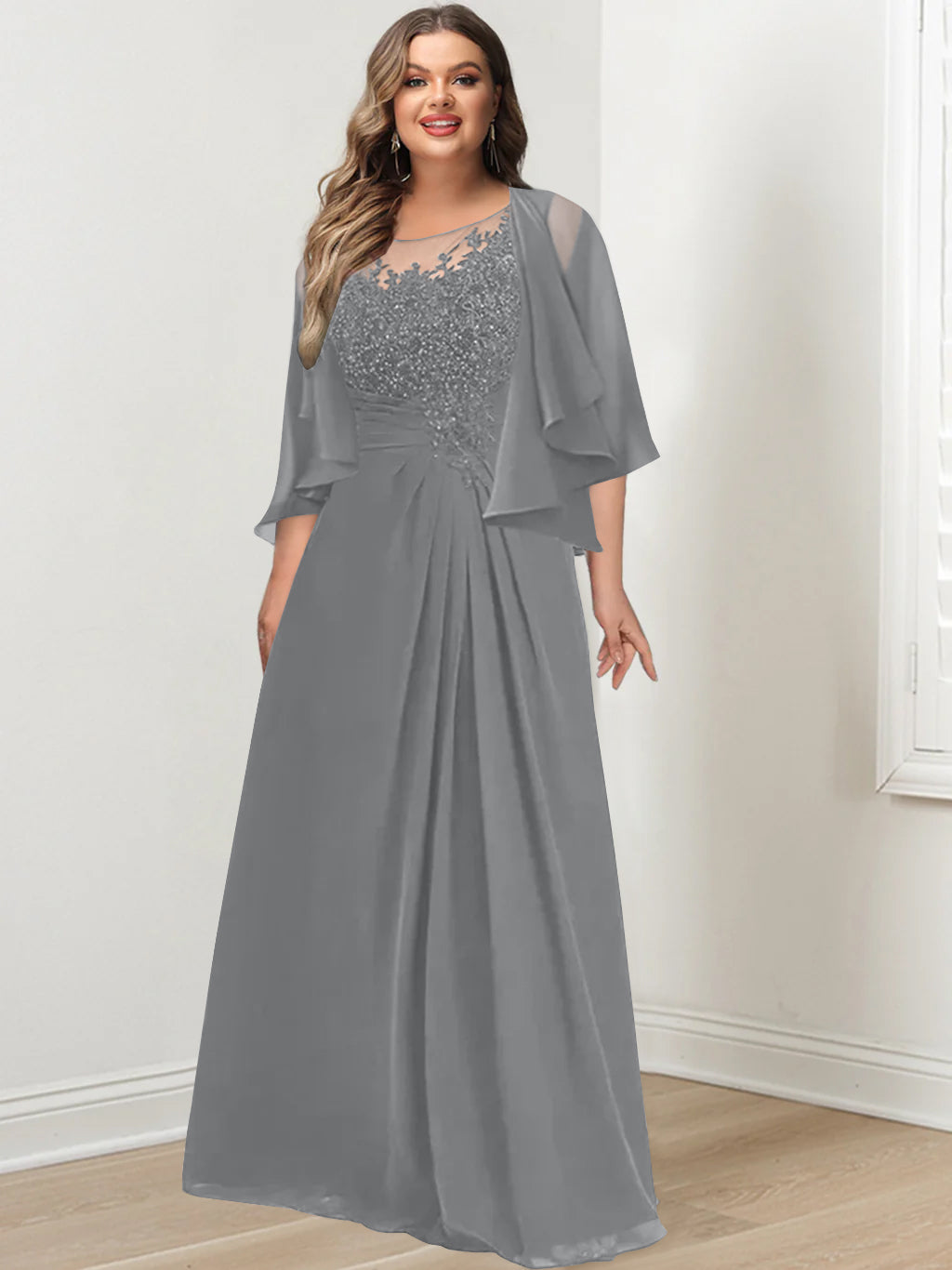 Plus Size Mother of the Bride A-Line Princess Scoop Floor-Length Dress with Pleated & Sequins-BMbridal