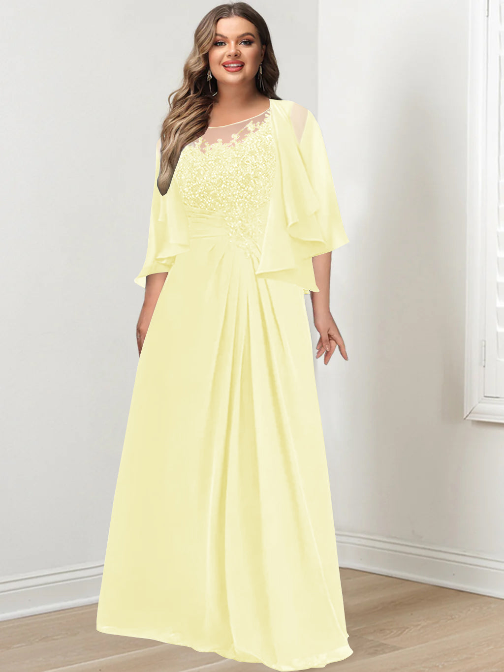 Plus Size Mother of the Bride A-Line Princess Scoop Floor-Length Dress with Pleated & Sequins-BMbridal